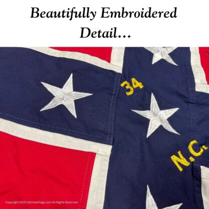 34th north carolina infantry regiment flag – 48x48 inch cotton sewn & embroidered confederate replica (with battle honors! )
