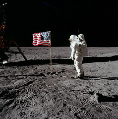 Buzz Aldrin salutes the U.S. Flag. 