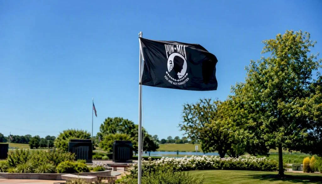 POW/MIA flag waving outdoors on flagpole