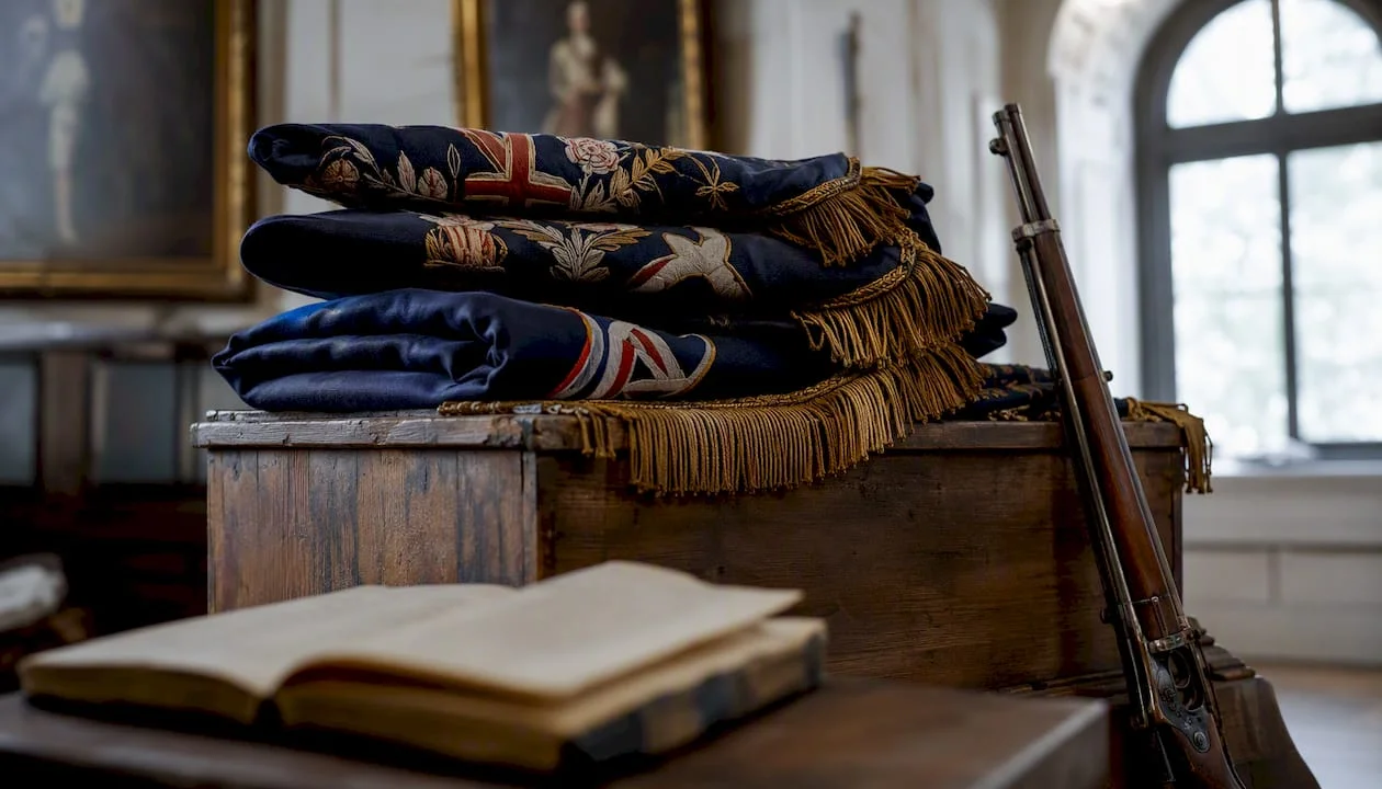 Folded Union regimental flags on display table