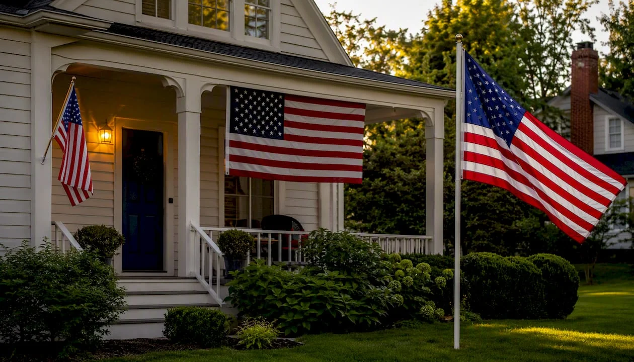 Multiple American flags in varied sizes displayed on a porch