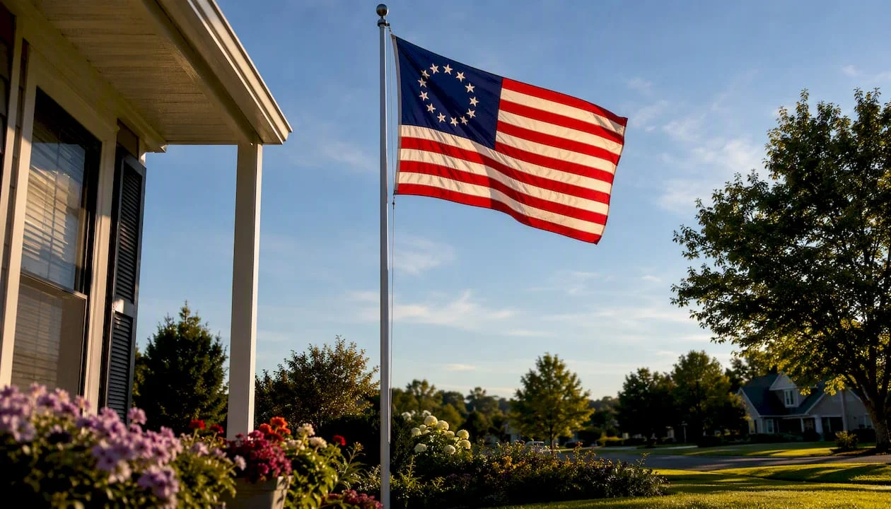Bennington Flag flying outdoors at sunset