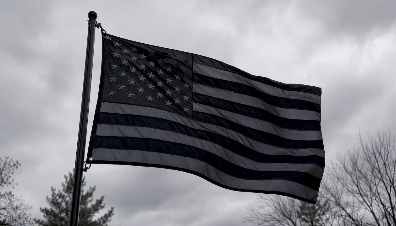 Black American flag as protest banner outdoors