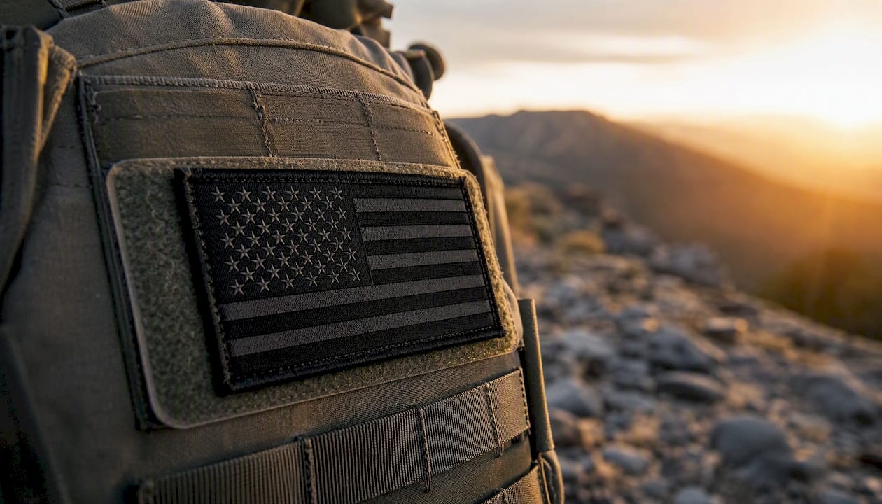 Black American flag patch on tactical vest
