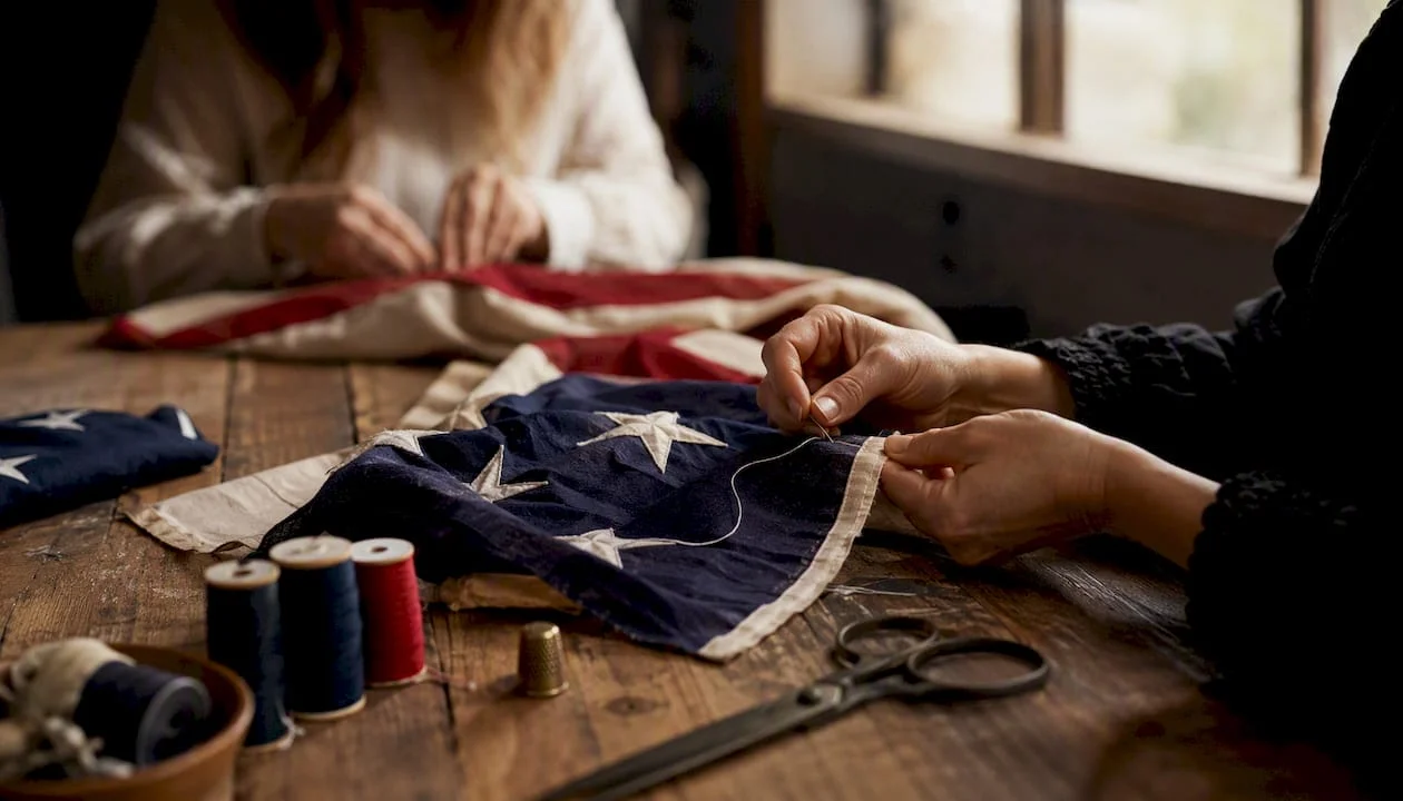 Hands sewing historic flag fabric
