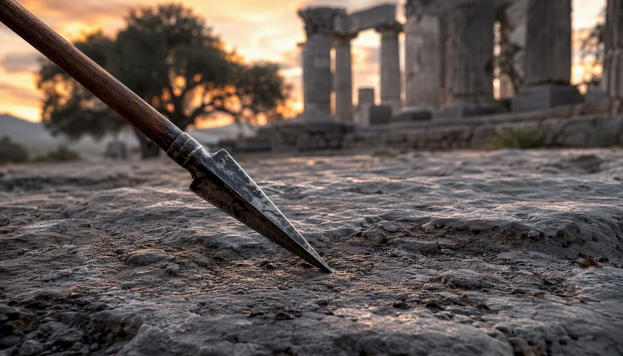 Close-up of Spartan spear and shield