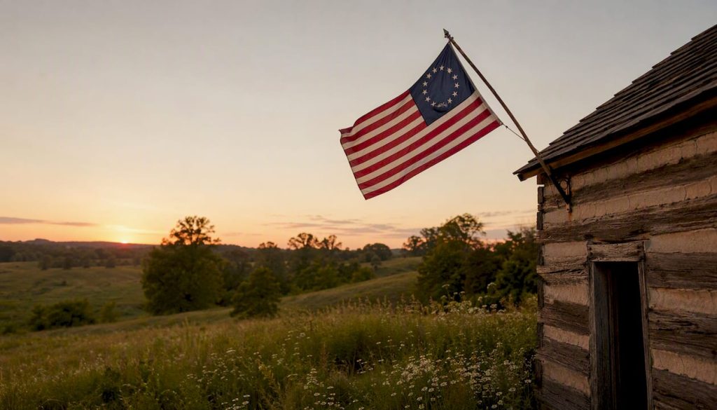 Betsy Ross flag waving on colonial building