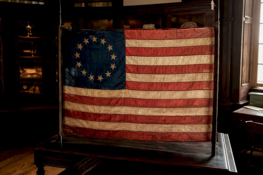 Close-up of historic Revolutionary War flag fabric and stitching