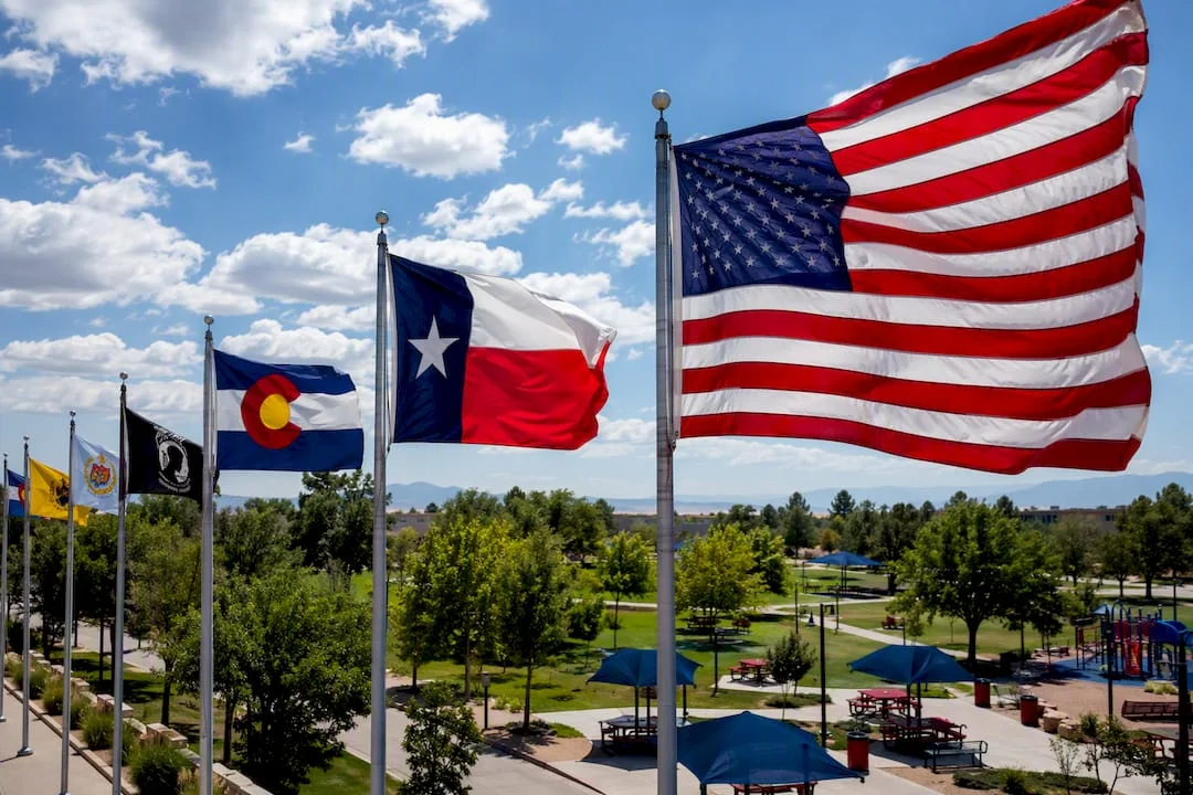 Nylon flags fluttering strongly outdoors