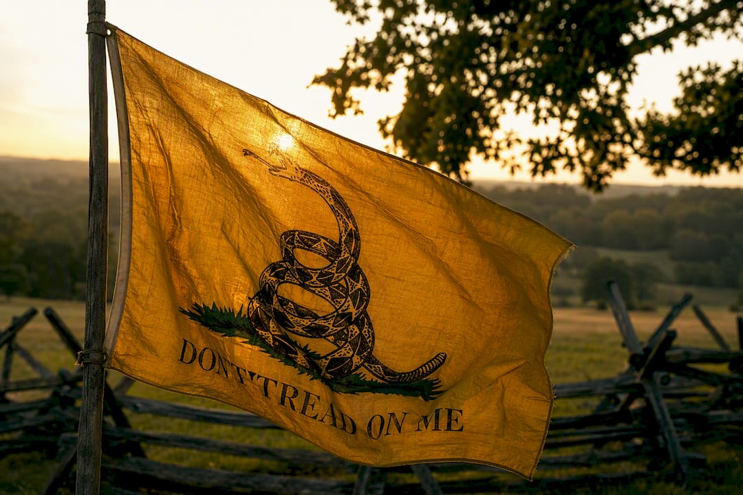 Close-up of Gadsden flag showing snake and motto