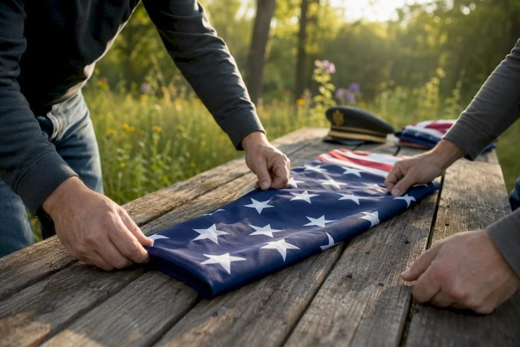 Two people folding American flag precisely