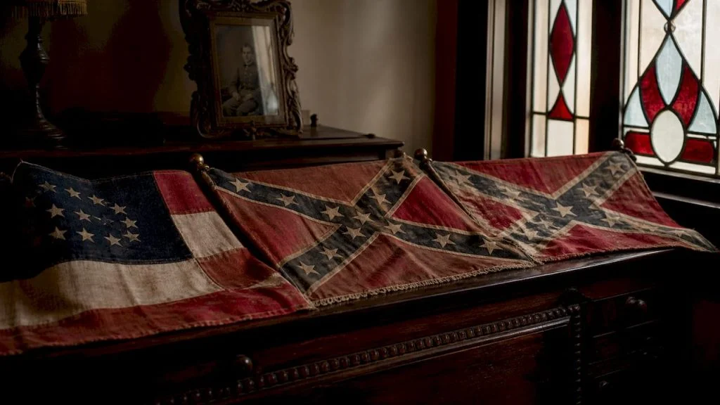 Historic Confederate flags laid on wooden table