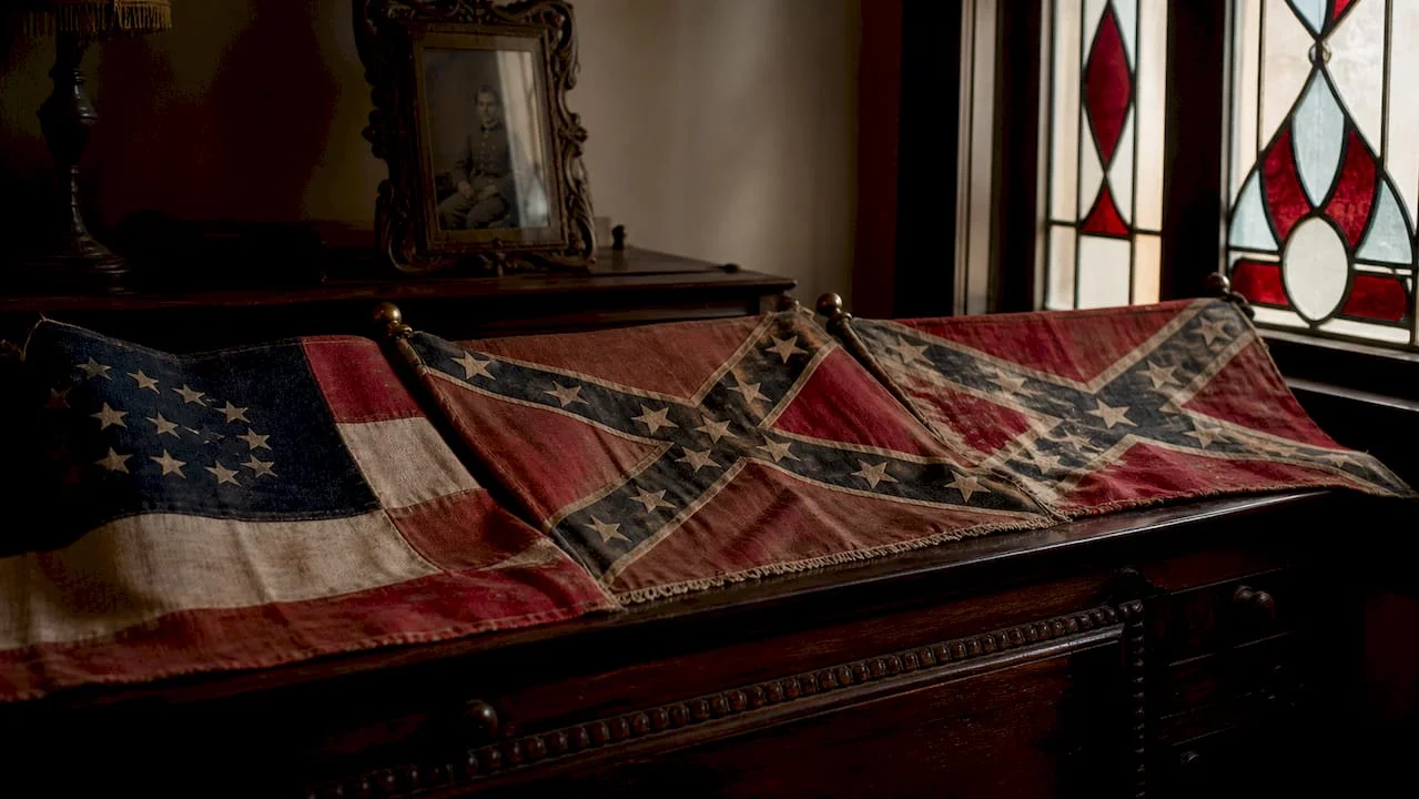 Historic Confederate flags laid on wooden table