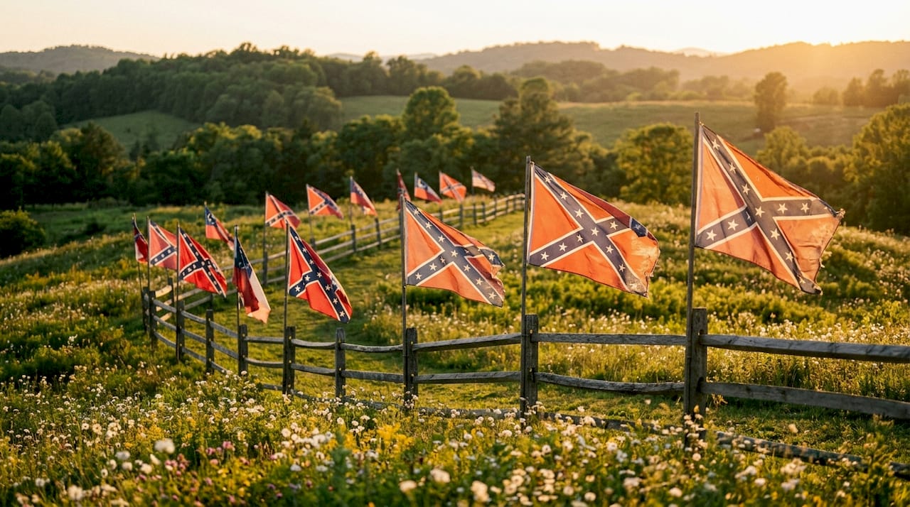 Confederate battle flag variants on poles outdoors