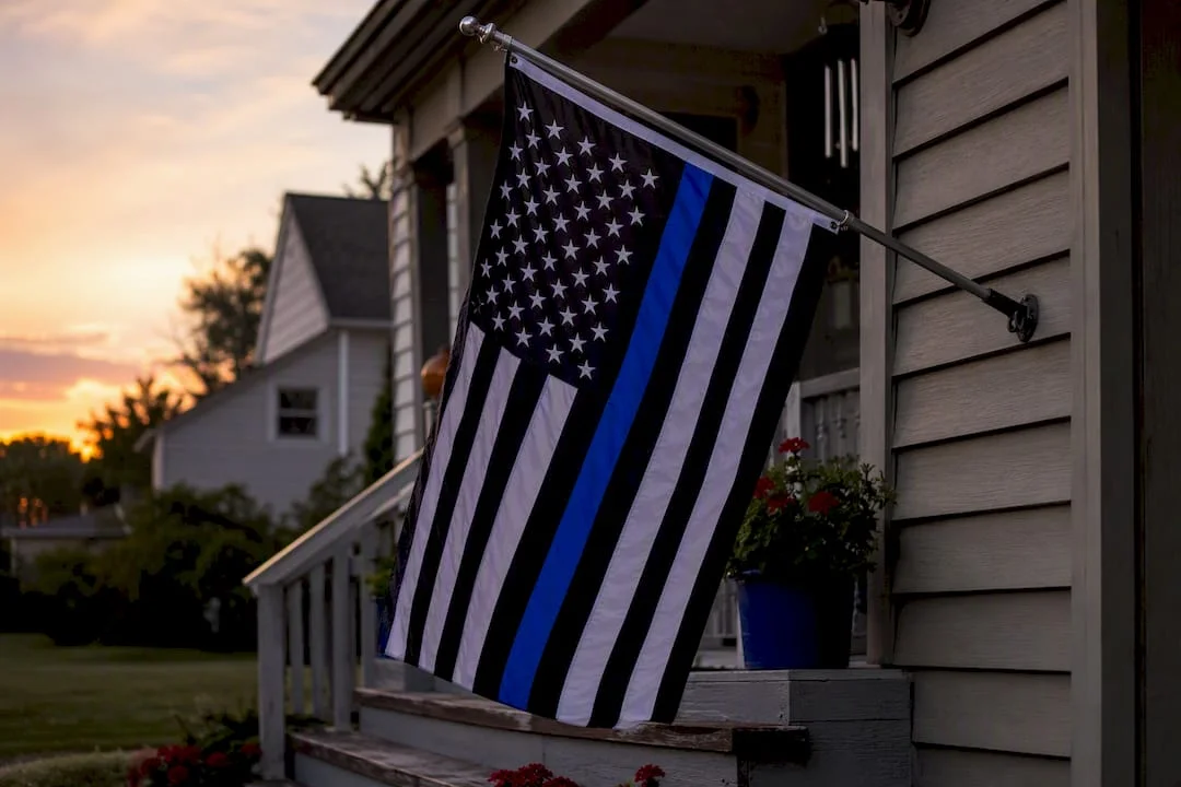 Thin blue line flag flying on residential porch