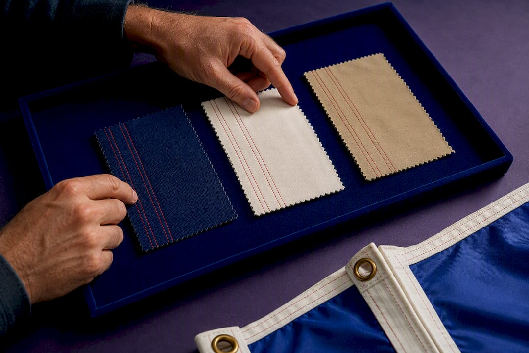 Hands comparing anonymous military flag fabric samples
