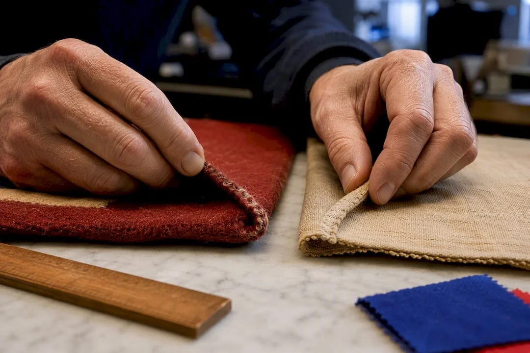 Hands comparing wool and cotton flag fabric