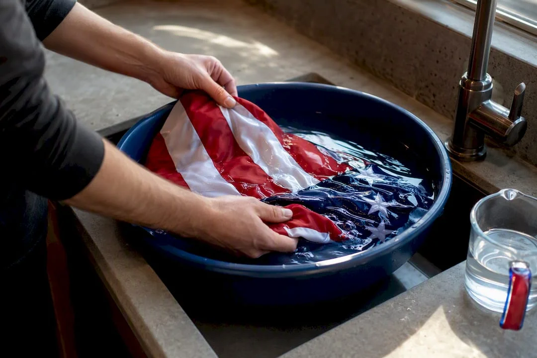Hands soaking a flag textile in cool water