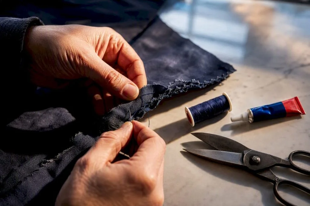 Hands stitching a torn flag edge