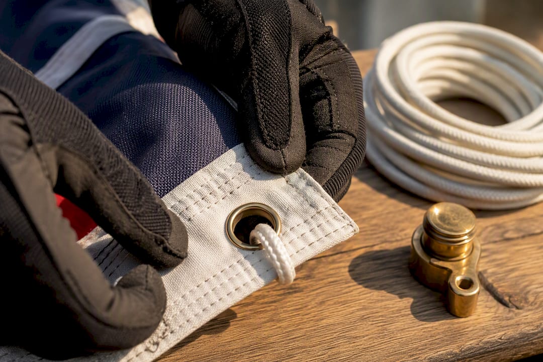 Inspecting reinforced flag fabric and grommet