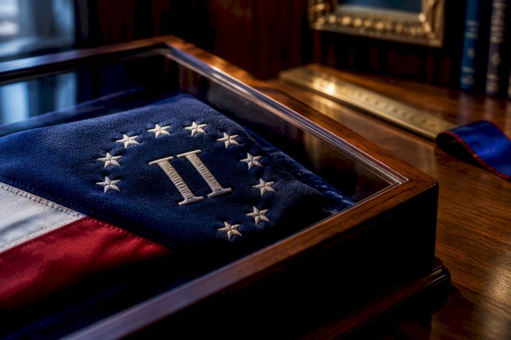 Close-up of II and star flag symbolism