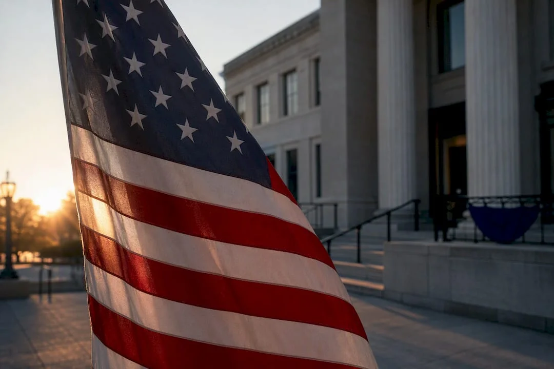 American flag outside government building