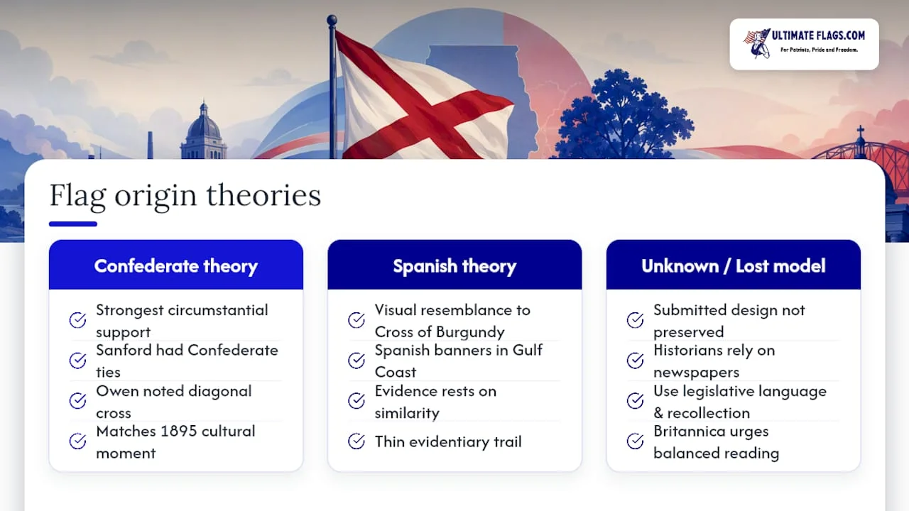 Confederate battle flag or older influence: the origin theories — overview diagram