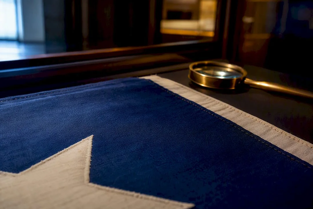 Cropped archival Texas flag textile in display