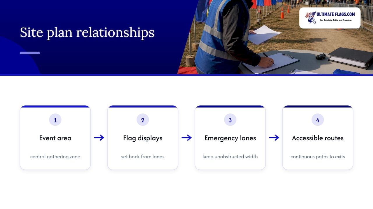 Site plan showing flags and clear access routes